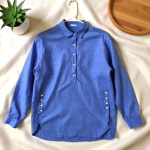 J McLaughlin 100% Linen Popover XS Blue Side Buttons Long Sleeve Beachy Coastal